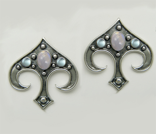 Sterling Silver Gothic Inspired Drop Dangle Earrings With Rainbow Moonstone And Blue Topaz